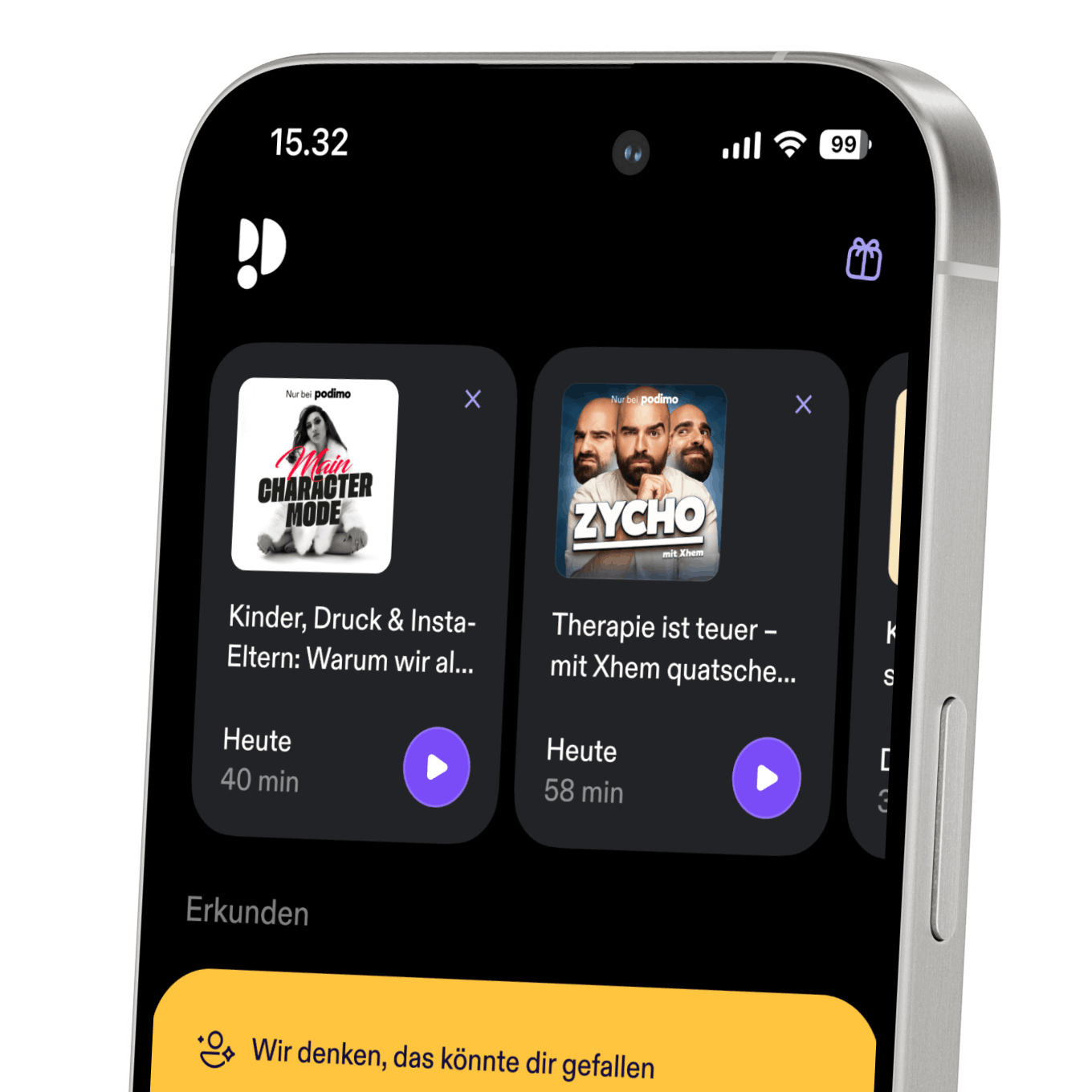 Handybildschirm mit geöffneter Podimo-Anwendung