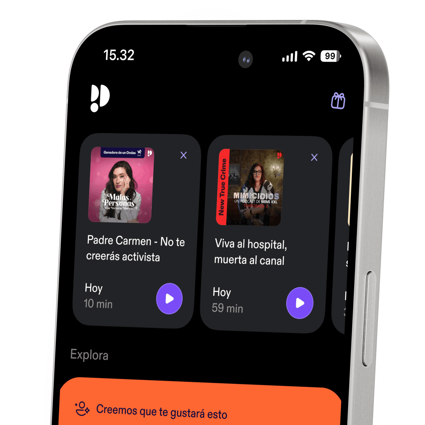 Pantalla de teléfono móvil con la aplicación Podimo abierta