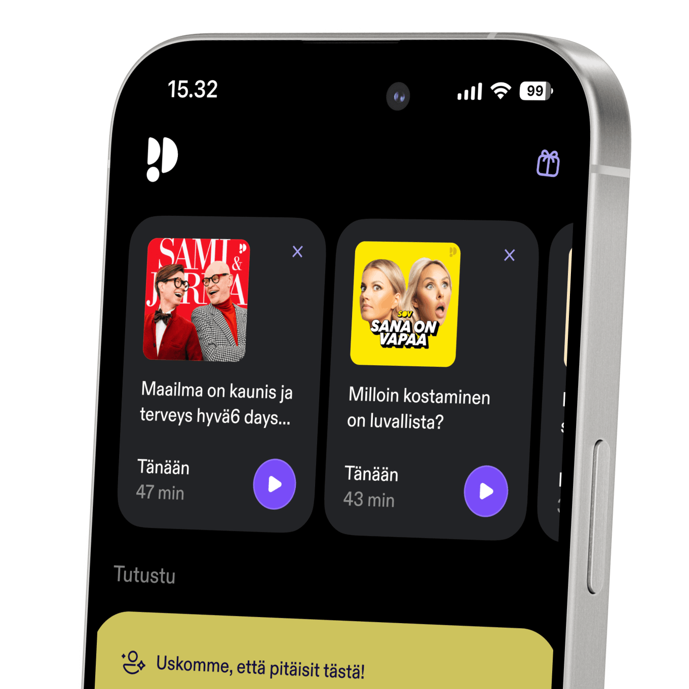 Matkapuhelimen näyttö, jossa Podimo-sovellus on avoinna
