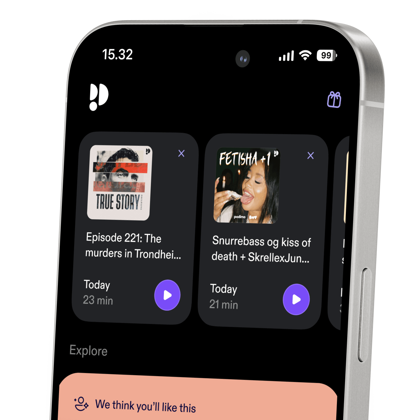 Pantalla de teléfono móvil con la aplicación Podimo abierta