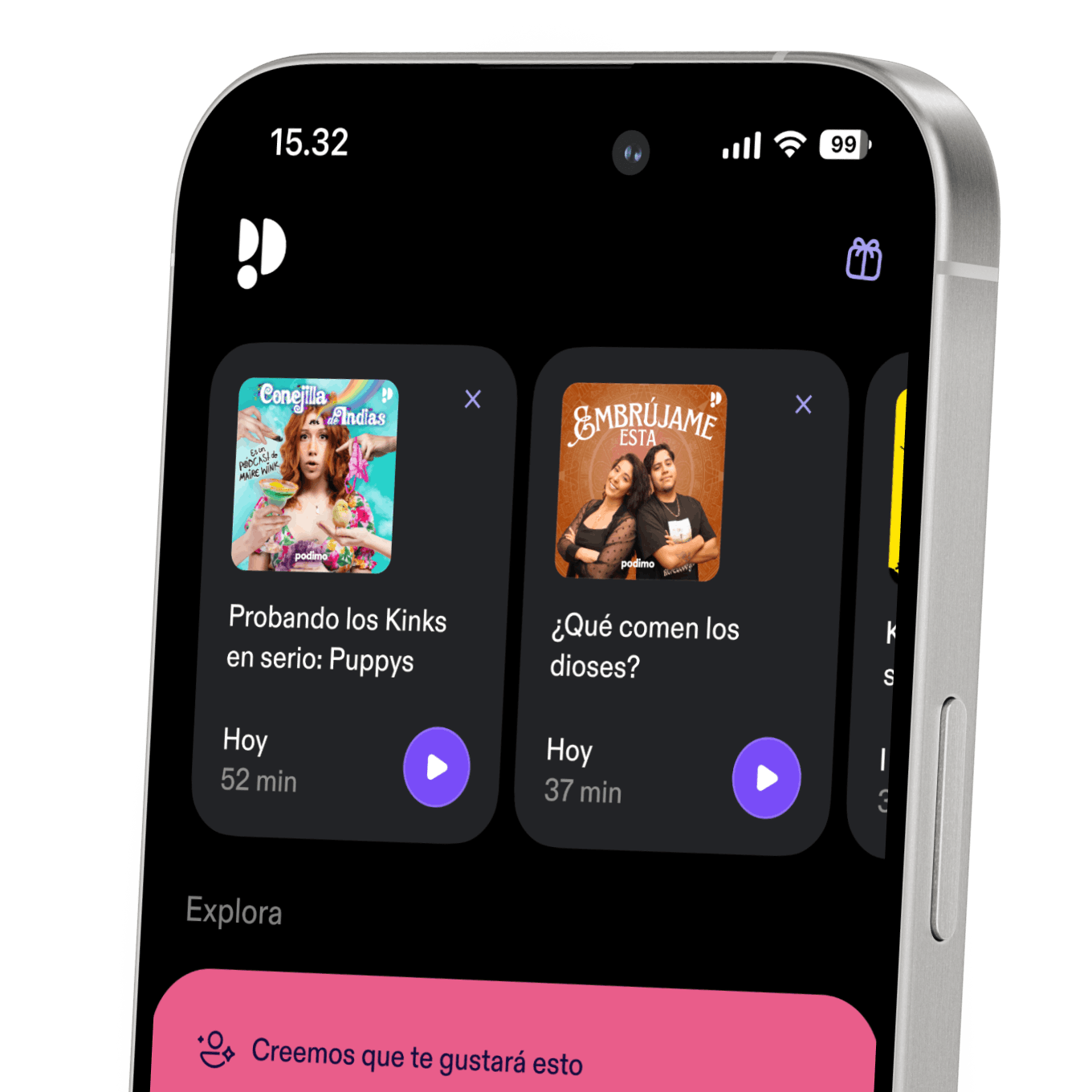 Pantalla de teléfono móvil con la aplicación Podimo abierta