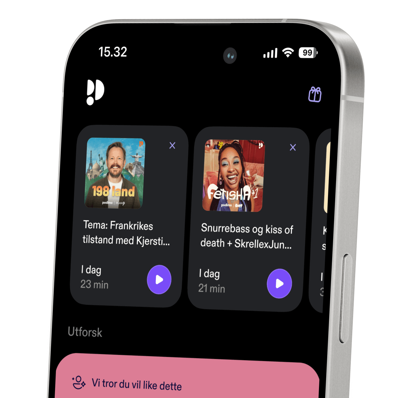 Mobiltelefonskjerm med Podimo-applikasjonen åpen