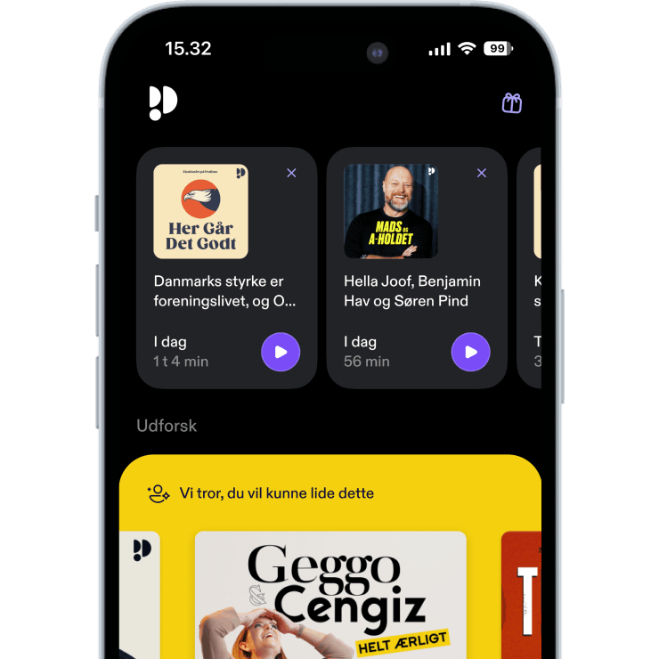 Mobiltelefonskærm med Podimo-applikationen åben