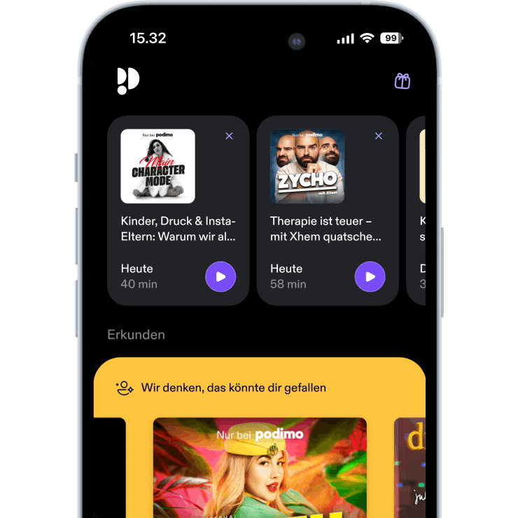 Handybildschirm mit geöffneter Podimo-Anwendung