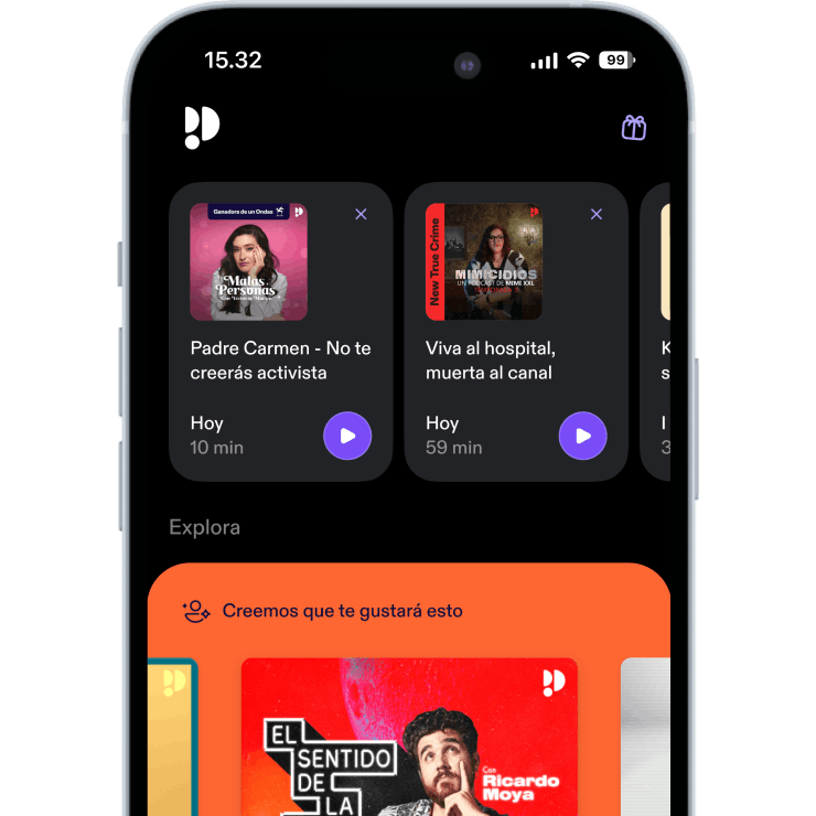 Pantalla de teléfono móvil con la aplicación Podimo abierta