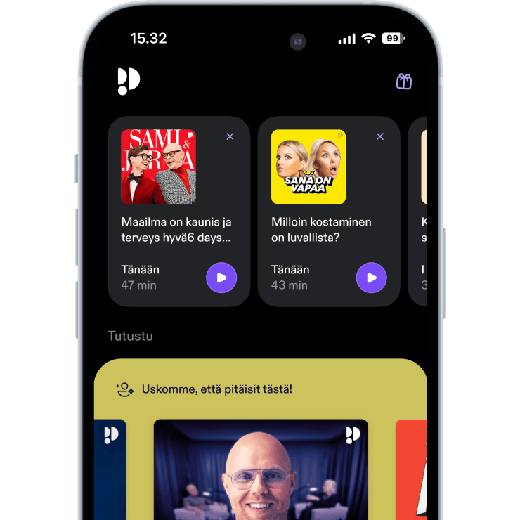 Matkapuhelimen näyttö, jossa Podimo-sovellus on avoinna