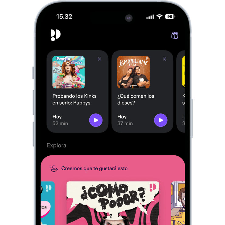 Pantalla de teléfono móvil con la aplicación Podimo abierta