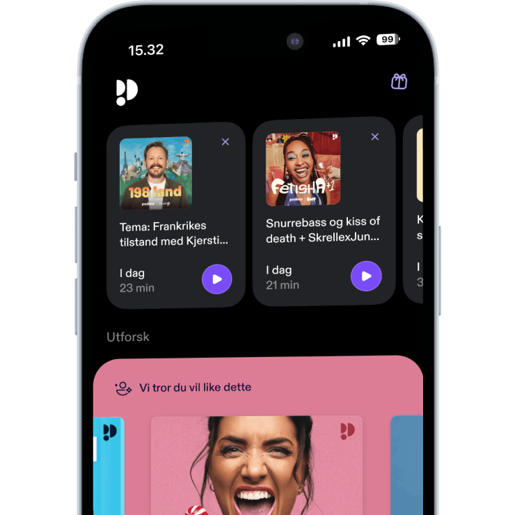 Mobiltelefonskjerm med Podimo-applikasjonen åpen