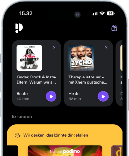 Phone screen with podimo app open surrounded by emojis