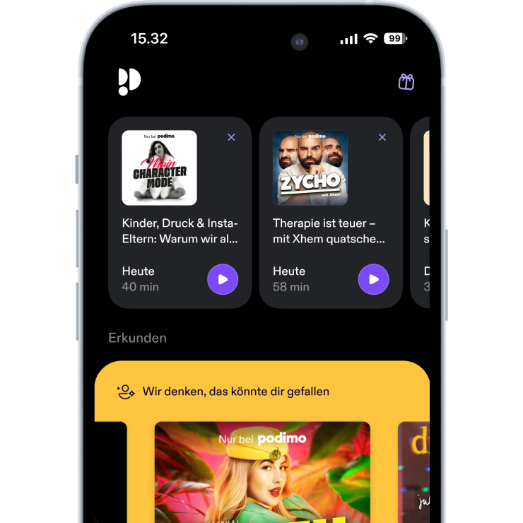 Phone screen with podimo app open surrounded by emojis