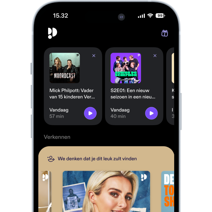 Phone screen with podimo app open surrounded by emojis