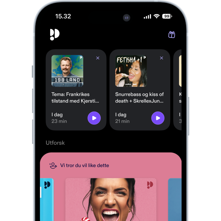 Phone screen with podimo app open surrounded by emojis