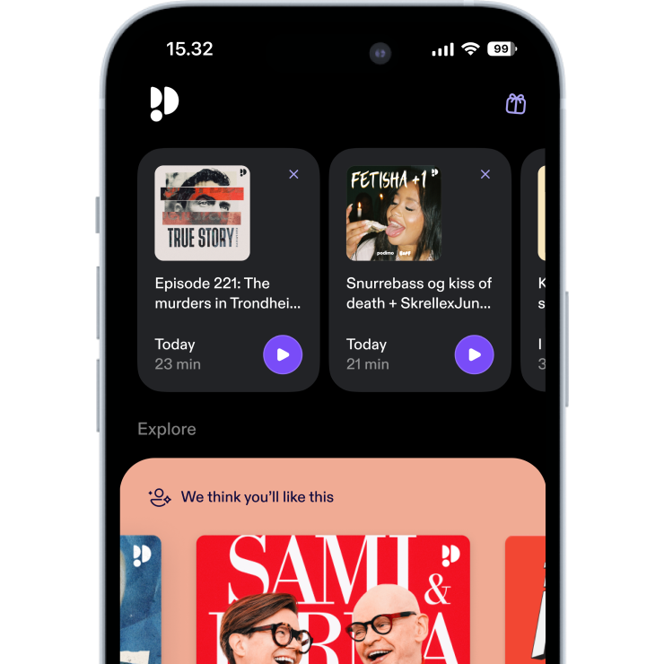 Phone screen with podimo app open surrounded by emojis